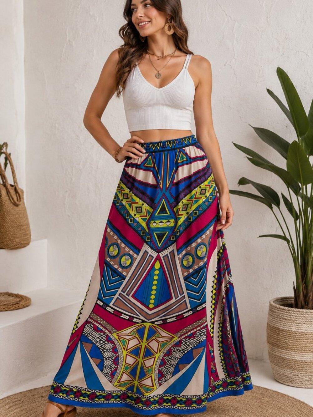 Flying Tomato Boho Tribal Print Maxi Skirt Flowy Festival  S/M